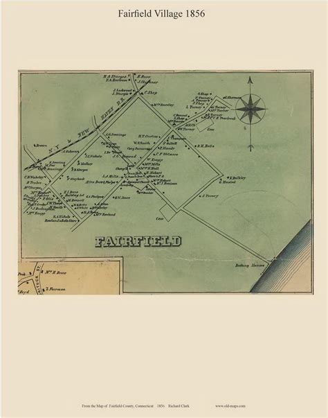 Fairfield Village 1856 Old Town Map With Homeowner Names Connecticut Reprint Fairfield Co Ct Tm