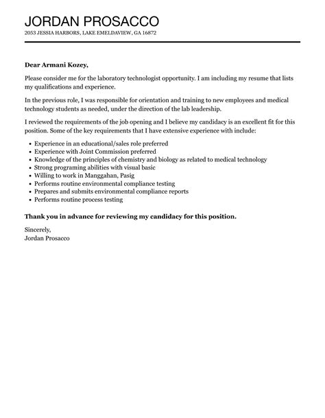 Laboratory Technologist Cover Letter Velvet Jobs