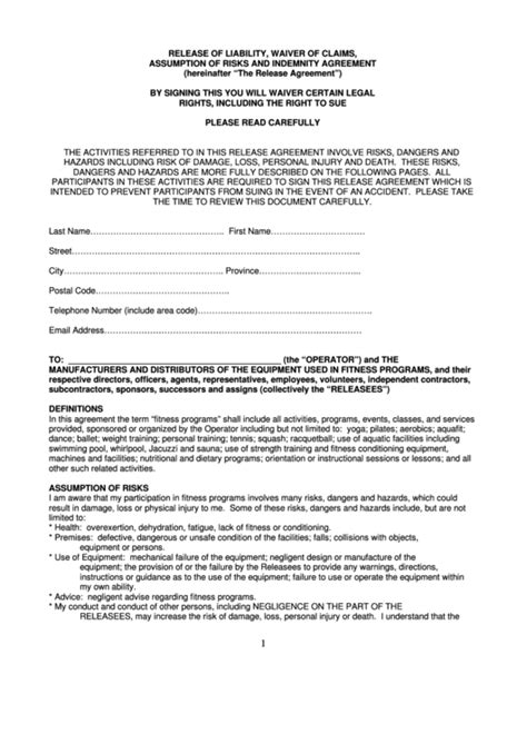 Risk Waiver Form Template