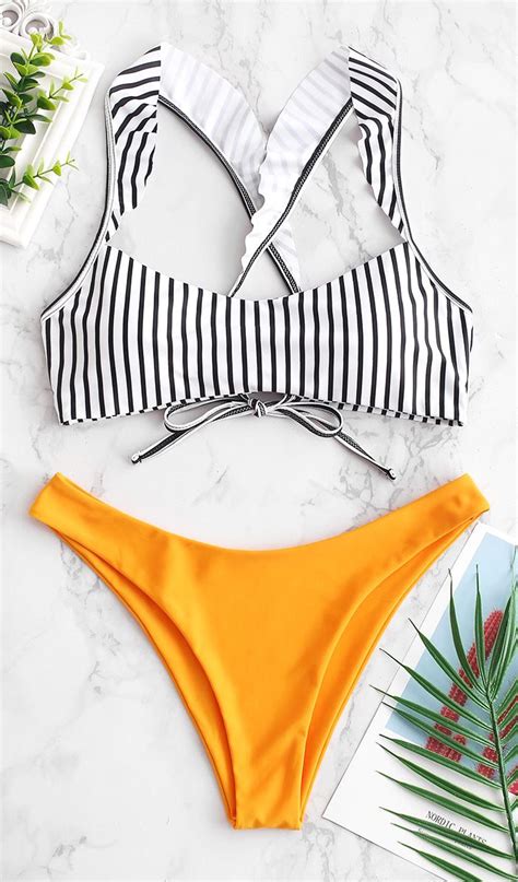 ZAFUL Striped Ruffle Bikini Swimsuit Bee Yellow Bikinis Bikini