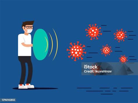 바이러스와 싸우는 만화 남자 캐릭터 Covid19 코로나바이러스 보호 및 검역 또는 새로운 바이러스 발병 개념으로부터의 비즈니스