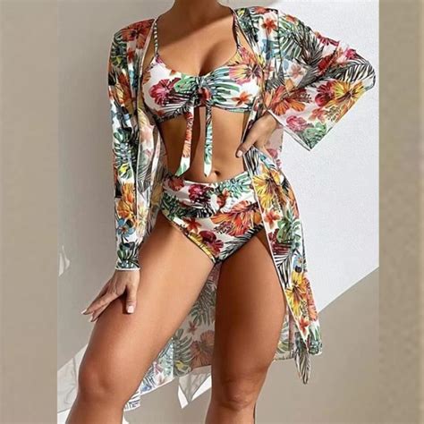 Maillot de Bain 3 pièces pour Femme Bikini à Fleurs Tropicales avec