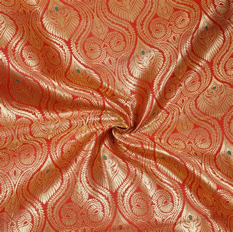 Buy Red Golden Kinkhab Banarasi Brocade Silk Fabric For Best Price