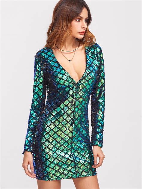 Dress1701023012 Sequin Bodycon Dress Green Sequin Dress V Neck