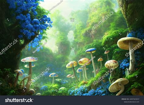 Fantastic Colorful Mushroom Forest Mystery Mountain Stock Illustration ...