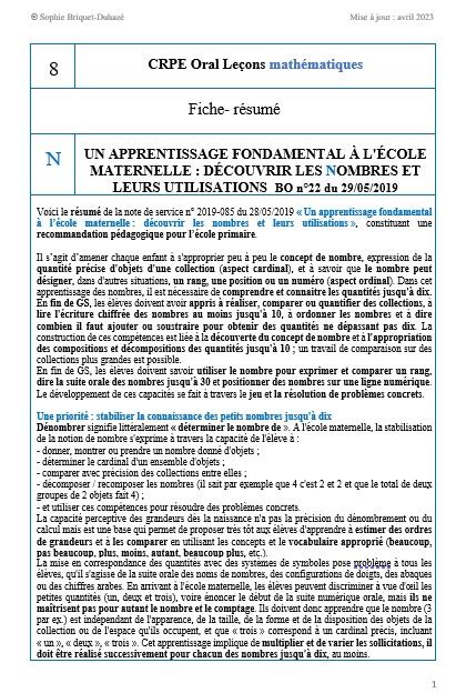 CRPE Oral Épreuve de leçon mathématiques 8 Découvrir les nombres et