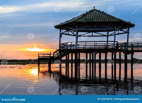 Sunset At The Pavilion On Lake Or Pond Or Swamp Of Bueng See Fai