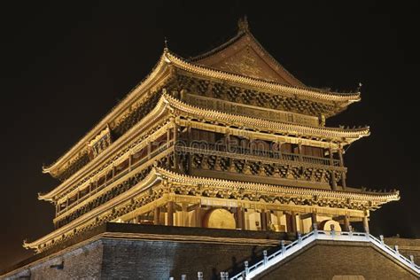 Illuminated Drum Tower At Ancient City Wall By Night Time Xian Shanxi