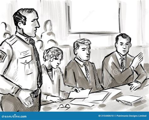 Courtroom Trial Sketch Showing Judge And A Male Witness On Stand Taking