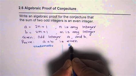 Algebraic Proof For Sum Of Odd Integers Is Even Youtube