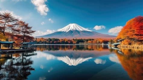 Premium AI Image Fuji Mountain Reflection With Red Maple Leaves