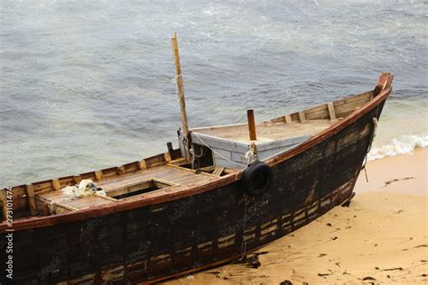 Korean Fishing Boat Wreck On Sandy Sea Beach After The Storm Broken