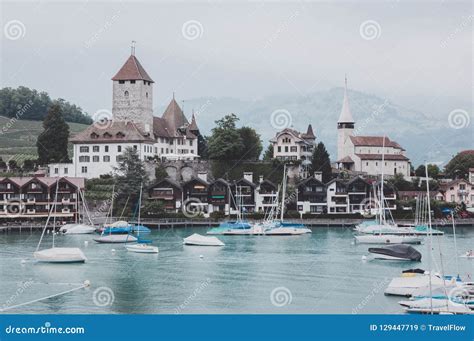 View on Spiez City and Lake Thun, Switzerland, Europe. Stock Image - Image of museum, background ...