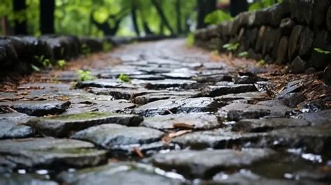 Rain Kissed Ancient Stone Pathway With Captivating Stone Wall Floor