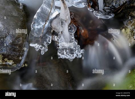 Running Water Ice And Moss In A Small Runoff Creek Greater Sudbury