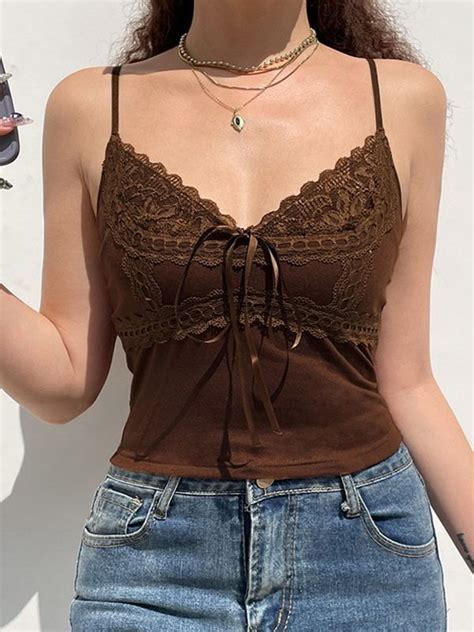 2022 Crop Lace Paneled Y2K Cami Top Brown M In Tank Tops Camis Online