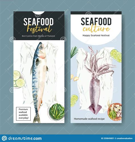 Seafood Flyer Design With Amberjack Fish Cockle Illustration