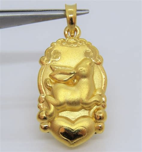 24k 9999 Pure Gold Bunny Rabit Zodiac Pendant Gem