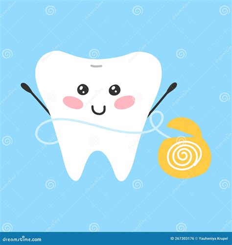 Cute Tooth With Dental Floss Kawaii Style Tooth Character Cleaning