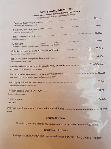 Menu at Restauracja widokowo regionalna u Góralki restaurant