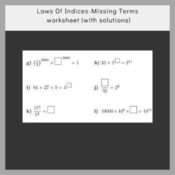 Laws Of Indices Missing Terms Worksheet With Solutions By Mathamaniacs