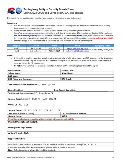 Fillable Online Testing Irregularity Or Security Breach Form Spring