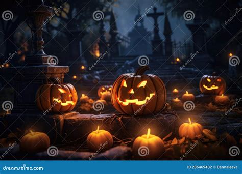 Pumpkins In A Cemetery With Glowing Eyes Pumpkins In Graveyard In The