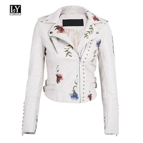 Ly Varey Lin Faux Soft Leather Jacket Women Embroidery Floral Faux