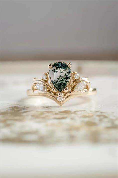 Big Pear Moss Agate Engagement Ring | One of a Kind Gemstone Ring