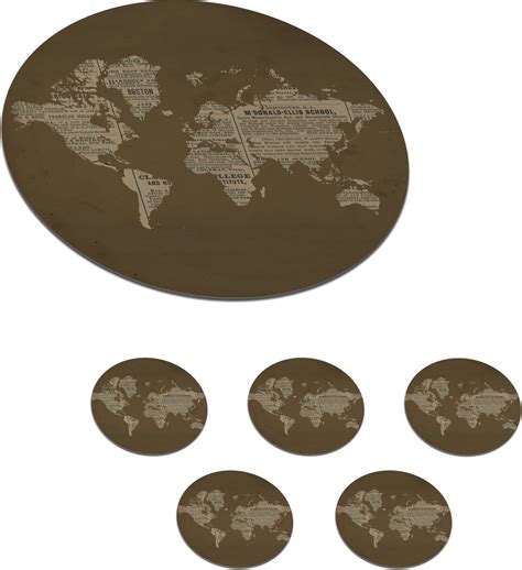 Onderzetters Voor Glazen Rond Wereldkaart Krant Bruin X