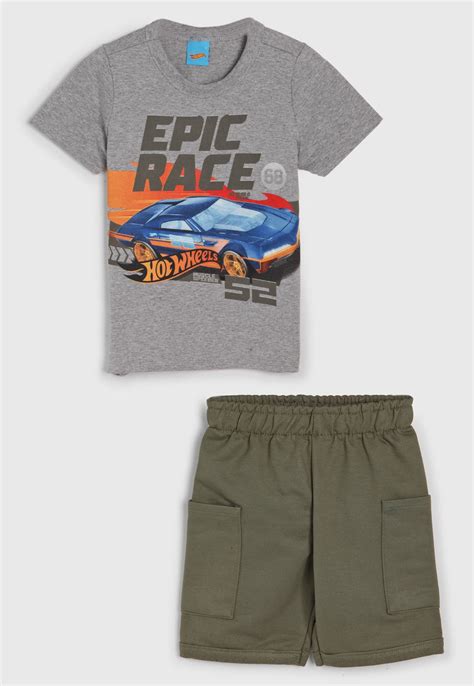 Conjunto pçs Malwee Kids Curto Infantil Hot Wheels Cinza Verde