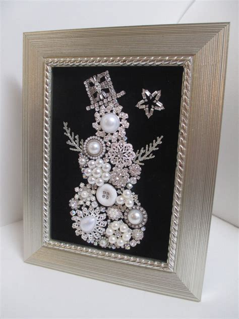 Jeweled Framed Jewelry Art Snowman Black Silver White Etsy