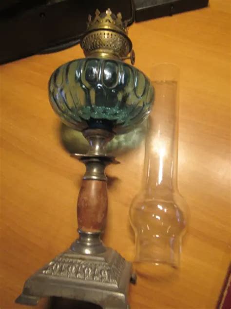 Ancienne Grande Lampe P Trole Cuve Verre Bleu Facettes Pied Marbre