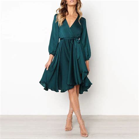 Green Solid Surplice Wrap Knot High Waist Belted Maxi Plain V Neck