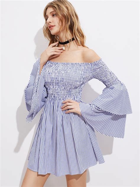 Shirred Off The Shoulder Bell Layered Sleeve Dress Shein Sheinside