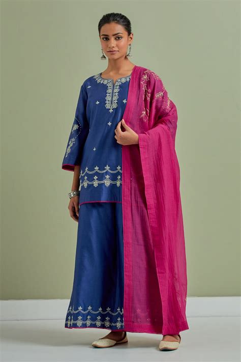 Buy Blue Chanderi Silk Hand Embroidered Resham Notched Round Neck Kurta