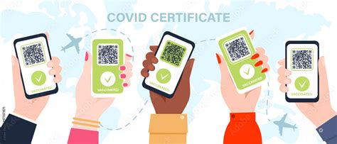 Hands with phone digital covid 19 certificate, vaccine green pass ...