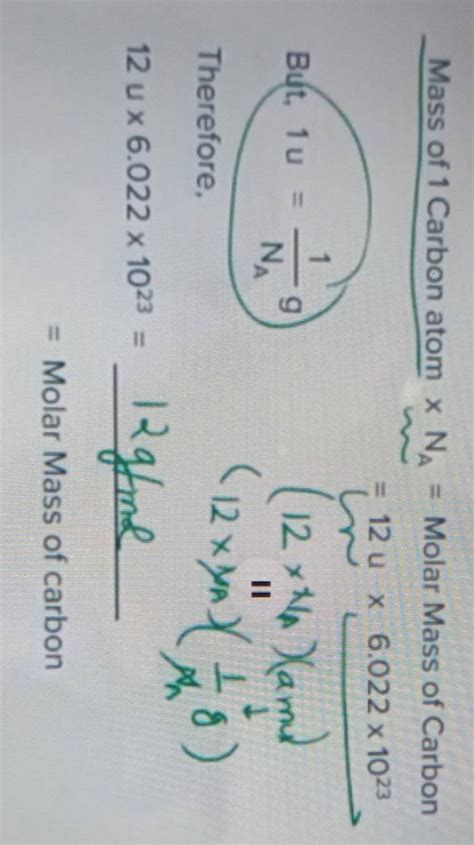 Mass of 1 Carbon atom ×NA = Molar Mass of Carbon Butt, 1u=NA 1 g)(12××/A)..