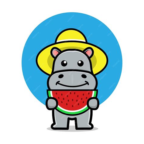 Premium Vector | Cute hippo eat watermelon cartoon illustration