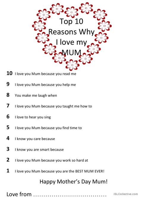 Top 10 Reasons Why I Love My Mom English Esl Worksheets Pdf And Doc