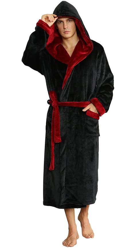 U2skiin Mens Hooded Fleece Robe Mid Length Plush Shawl Collar Bathrobe In Two Tone Black Dark