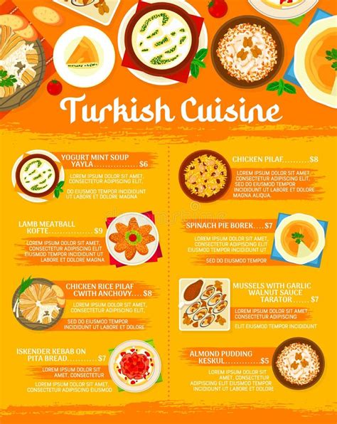 Turkish Cuisine Menu, Turkey Food Dishes and Lunch Stock Vector - Illustration of meal, dish ...