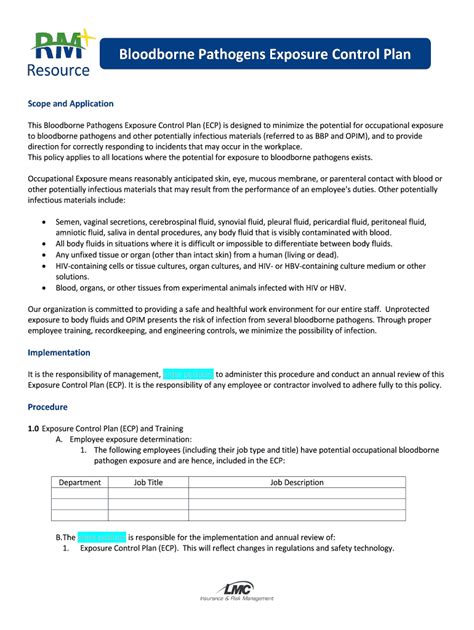 Fillable Online Bloodborne Pathogens Exposure Control Plan LMC Fax