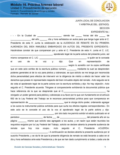 Formato remate de bienes Módulo 16 Práctica forense laboral Unidad 3