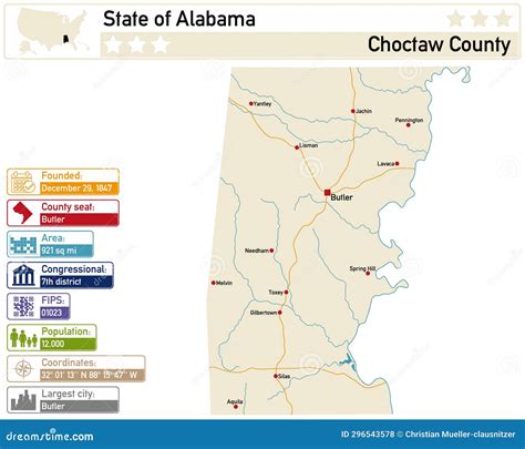 Infographic And Map Of Choctaw County In Alabama Usa Stock Illustration