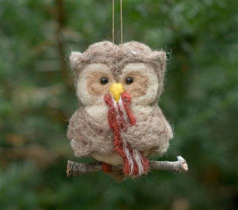 Needle Felted Owl Ornament Hungry For Bacon