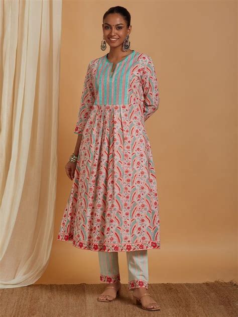 Buy Peach Hand Block Printed Cotton Kurta With Palazzo Set Of