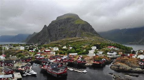 Traditional Red Wooden Houses Rorbuer In The Small Fishing Village Of