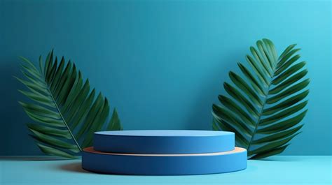 Sleek Minimalistic Wooden Display Stand With Palm Leaf Shadows On Blue ...