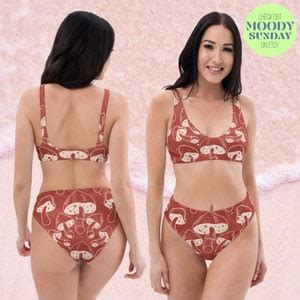 Forest Mushroom Recycled High Waisted Bikini Swimsuit Fungi Swimming Costume Alt Bikini